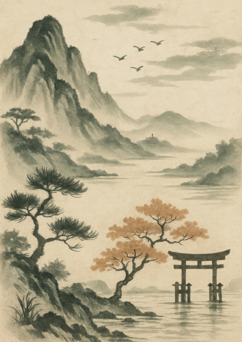 A muted ink-wash Japanese landscape painting: mist-wrapped mountains fade into the distance, a gnarled pine and a maple tree lean over the water in the foreground, birds fly in formation overhead, and a torii gate stands partly submerged at the shoreline.
