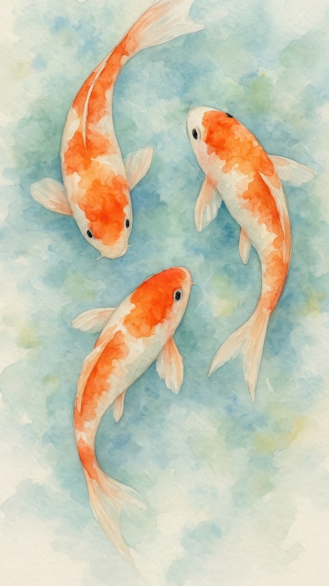A watercolor painting of three koi fish, each swimming its own path through blue-green water rather than schooling together.