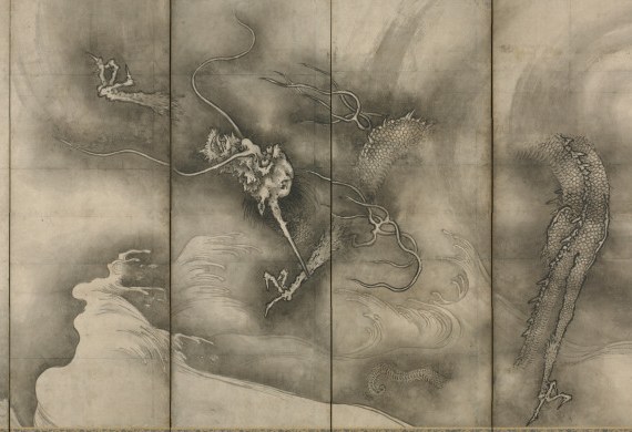 Ink painting of a dragon coiling through storm clouds over waves — detail from Sesson Shūkei's Dragon and Tiger screens