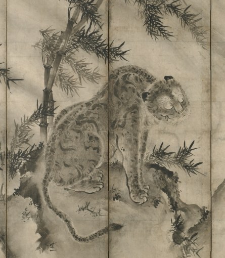 Ink painting of a tiger crouched on a rock beneath bamboo, beside a waterfall — detail from Sesson Shūkei's Dragon and Tiger screens