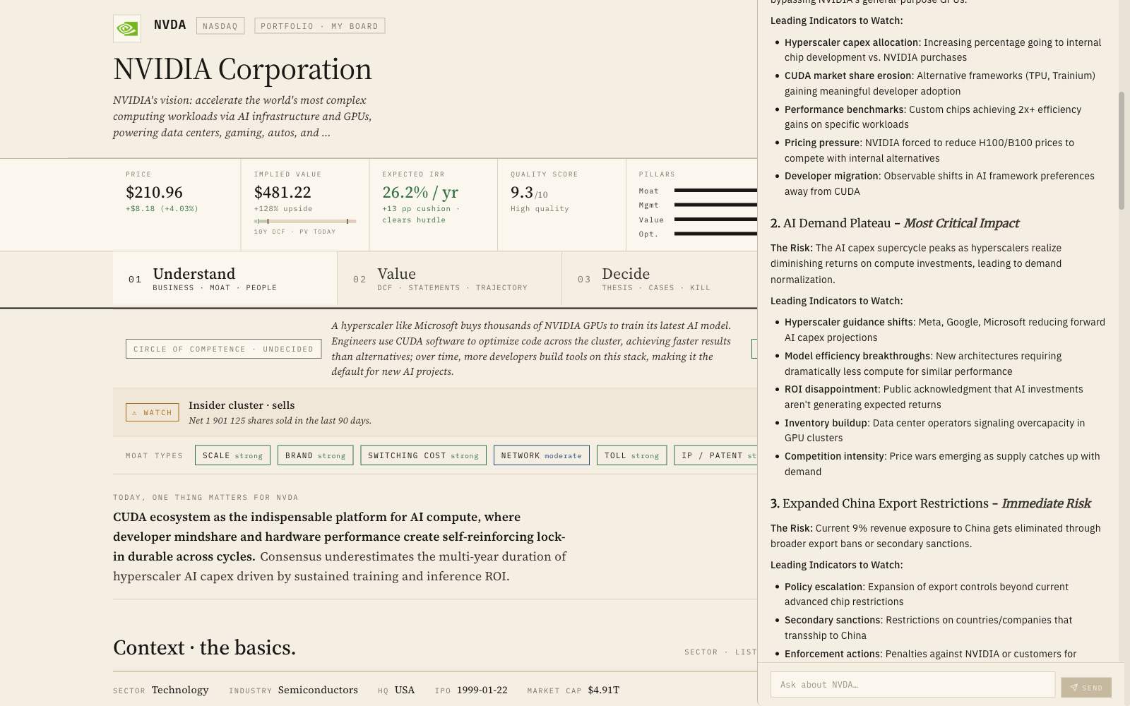 Co-Pilot — agents reasoning through a real question, filings and portfolio behind the answer